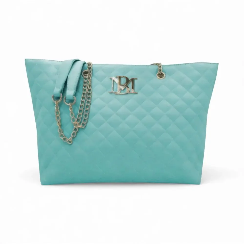 Badgley Mischka Tote Bag Aqua Quilted Chain New With Tags - Picture 8 of 8
